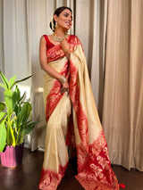 Off White Red Banarasi Silk Saree
