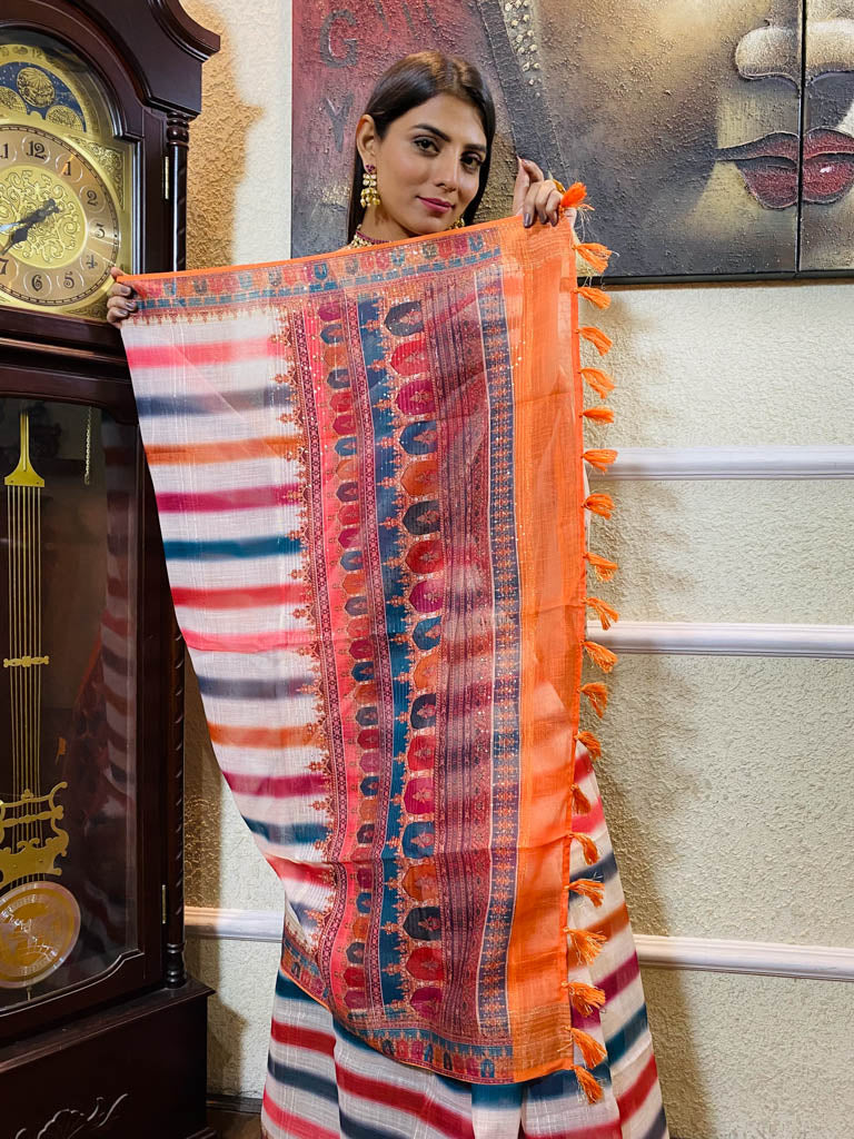 Multi Shade Linen Sequined Saree