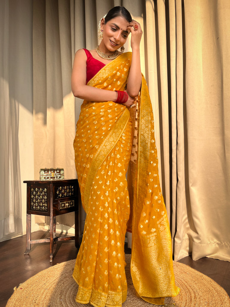 Mustard Yellow Banarasi Khaddi Weaved Georgette Saree