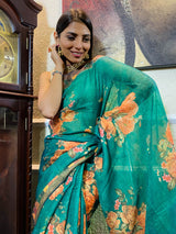 Ocean Green Linen Sequined Saree
