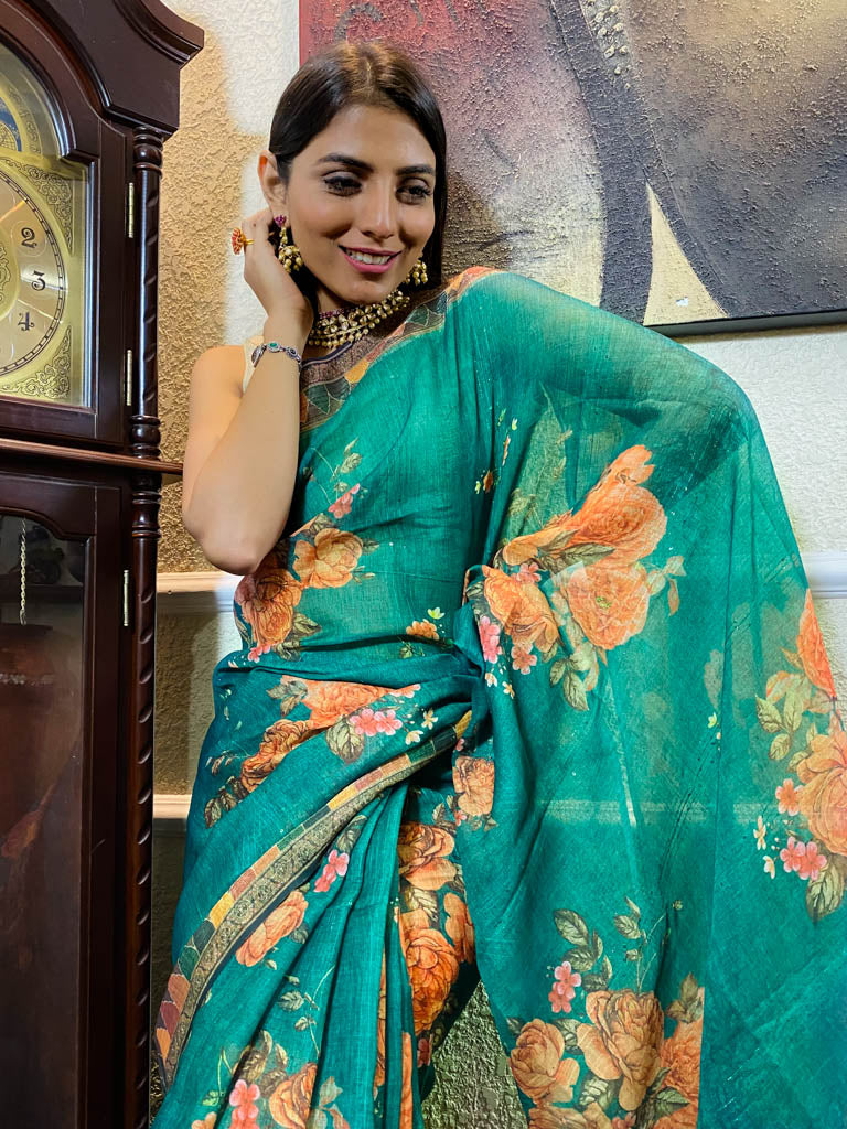 Ocean Green Linen Sequined Saree