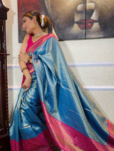 Azure Blue Kanjeevaram Silk Banarasi Handloom Saree