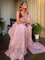 Blush Pink Organza Silk Saree with Scalloped Border