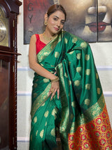 Bottle Green Banarasi Patola Silk Saree
