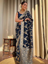 Midnight Blue Banarasi Khaddi Weaved Georgette Saree