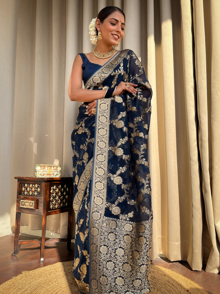 Midnight Blue Banarasi Khaddi Weaved Georgette Saree