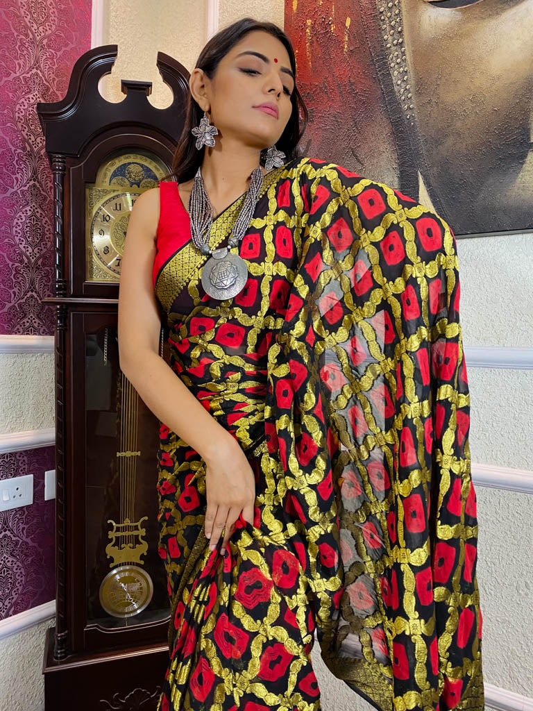 Midnight Black Georgette Bandhej Saree