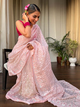 Flamingo Pink Organza Silk Saree with Scalloped Border
