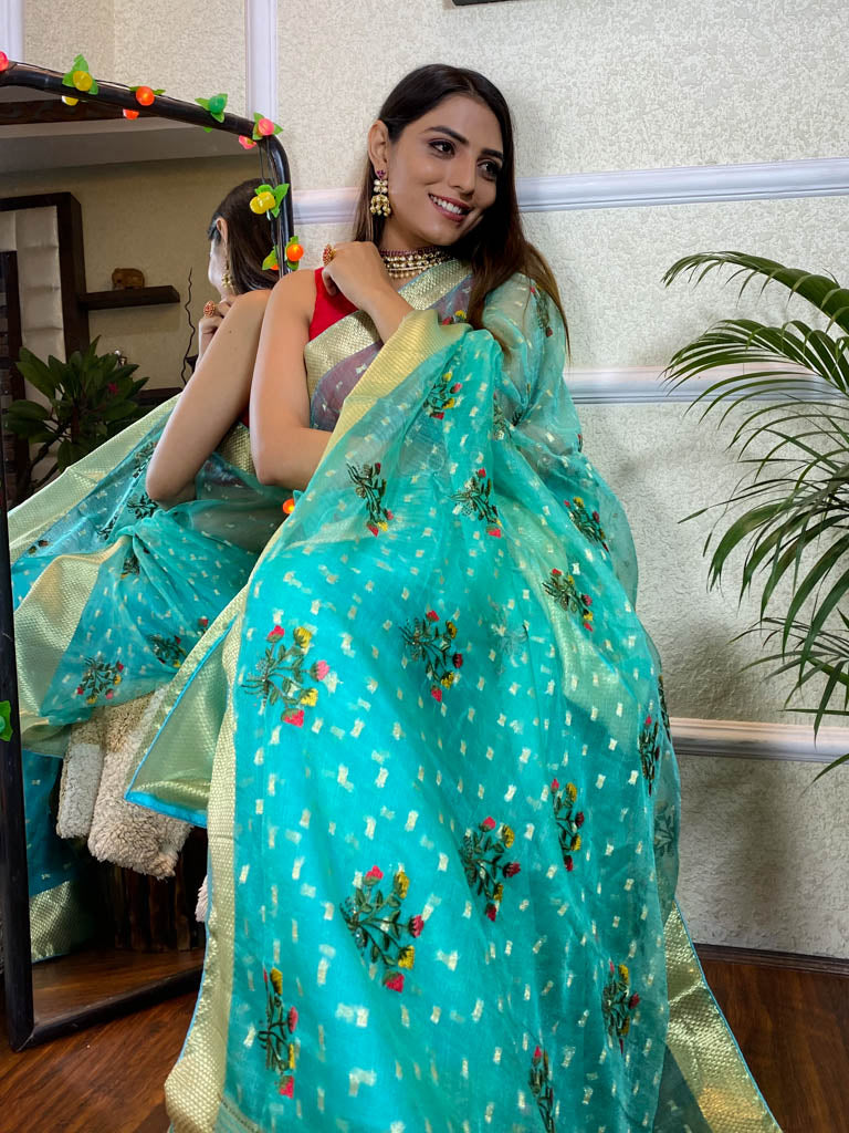 Sapphire Blue Organza Silk Saree