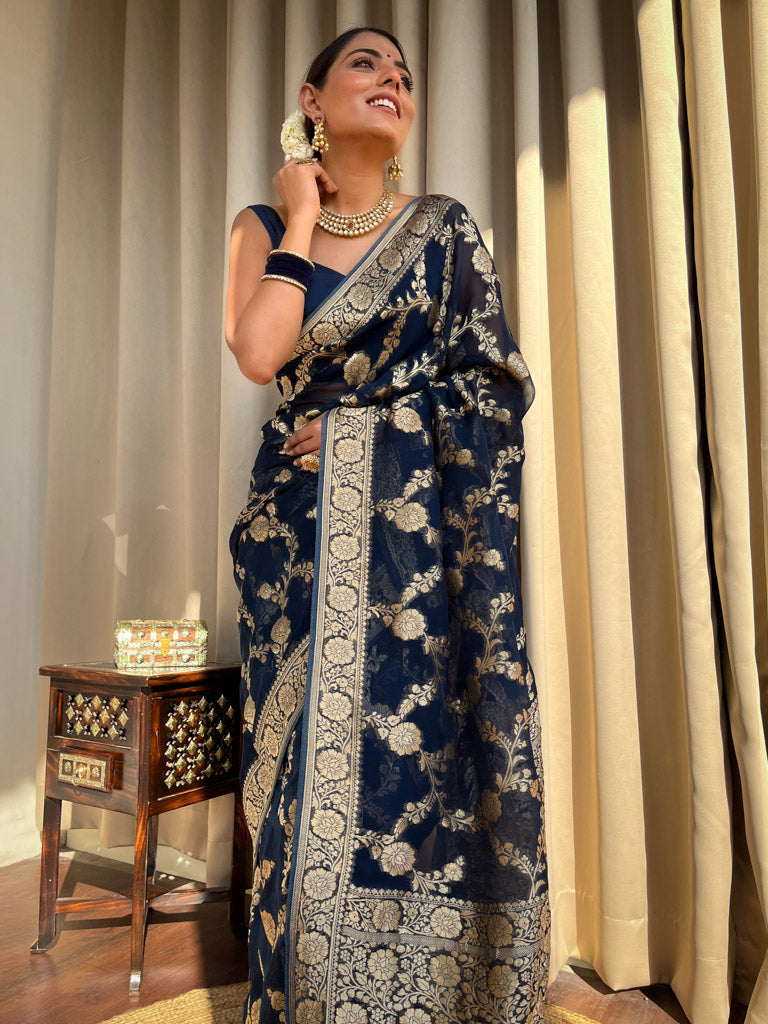 Midnight Blue Banarasi Khaddi Weaved Georgette Saree