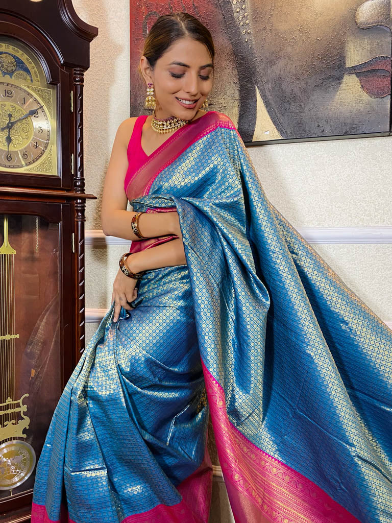 Azure Blue Kanjeevaram Silk Banarasi Handloom Saree