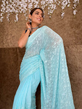 Arctic Blue Chikankari Sequined Georgette Saree
