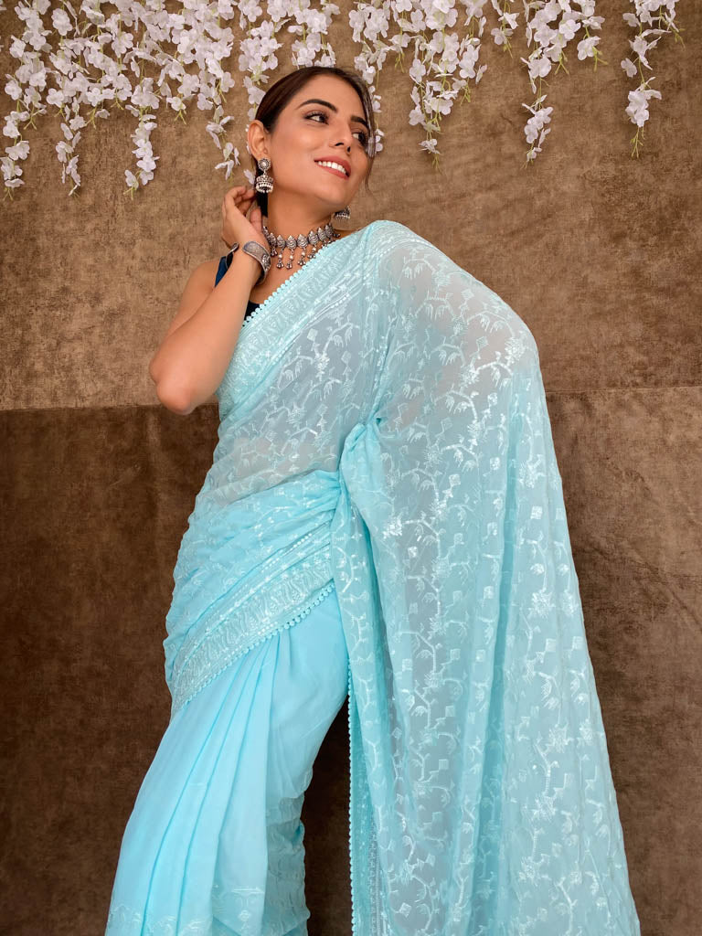 Arctic Blue Chikankari Sequined Georgette Saree