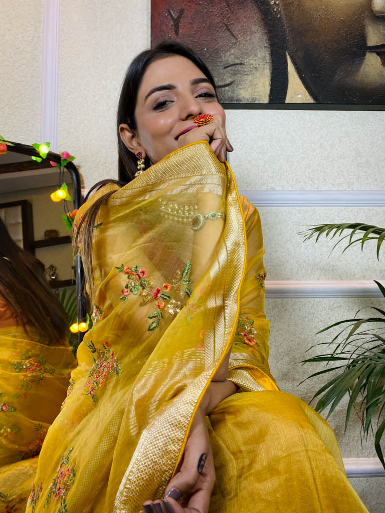 Canary Yellow Organza Silk Saree