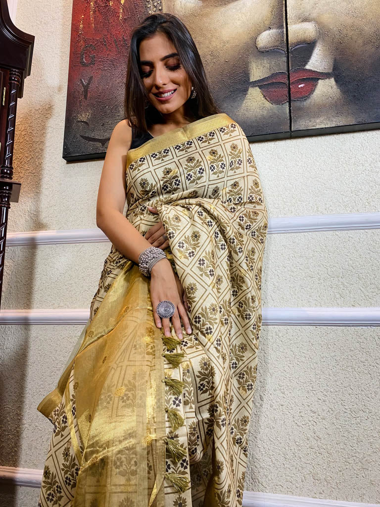 Beige Yellow Uppada Cotton Silk Saree