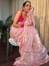 Salmon Pink French Organza Silk Saree