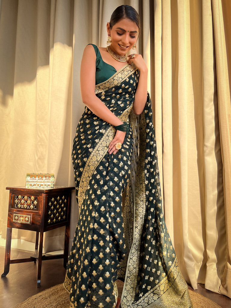 Bottle Green Banarasi Khaddi Weaved Georgette Saree