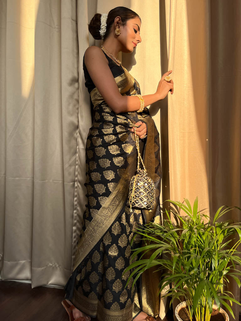Midnight Black Banarasi Silk Saree