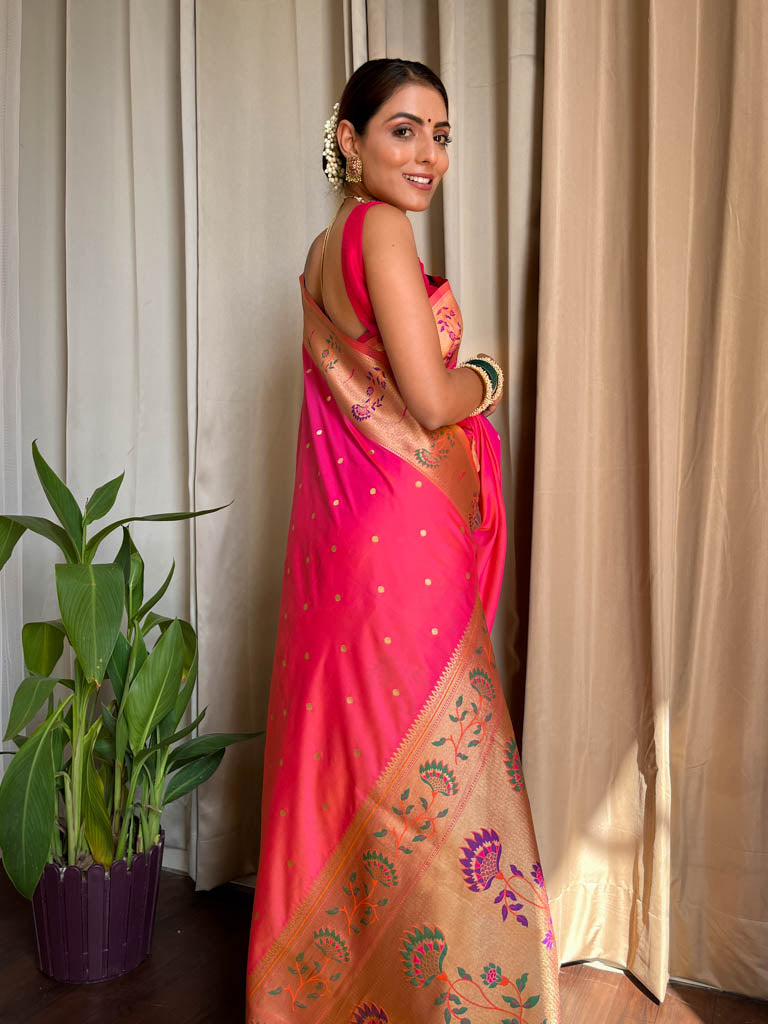 Carrot Pink Paithani Silk Saree