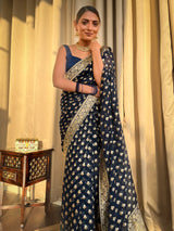 Midnight Blue Banarasi Khaddi Weaved Georgette Saree