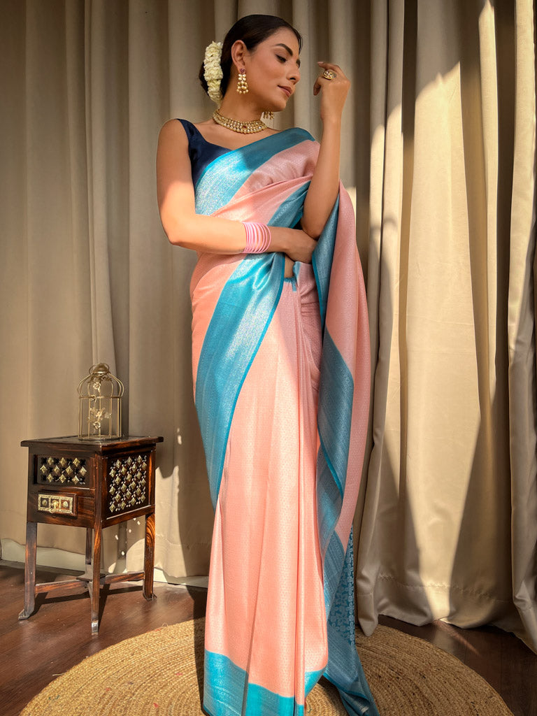 Peach Pink Antique Silver Kanjeevaram Silk Saree