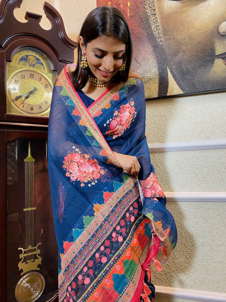 Azure Blue Linen Sequined Saree