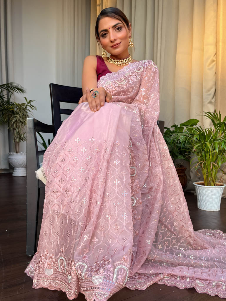 Blush Pink Organza Silk Saree with Scalloped Border