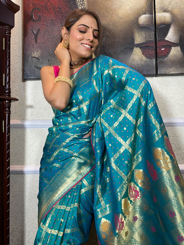 Turquoise Blue Banarasi Silk Ghatchola Saree