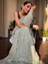 Fern Green Gota Embroidery French Georgette Saree