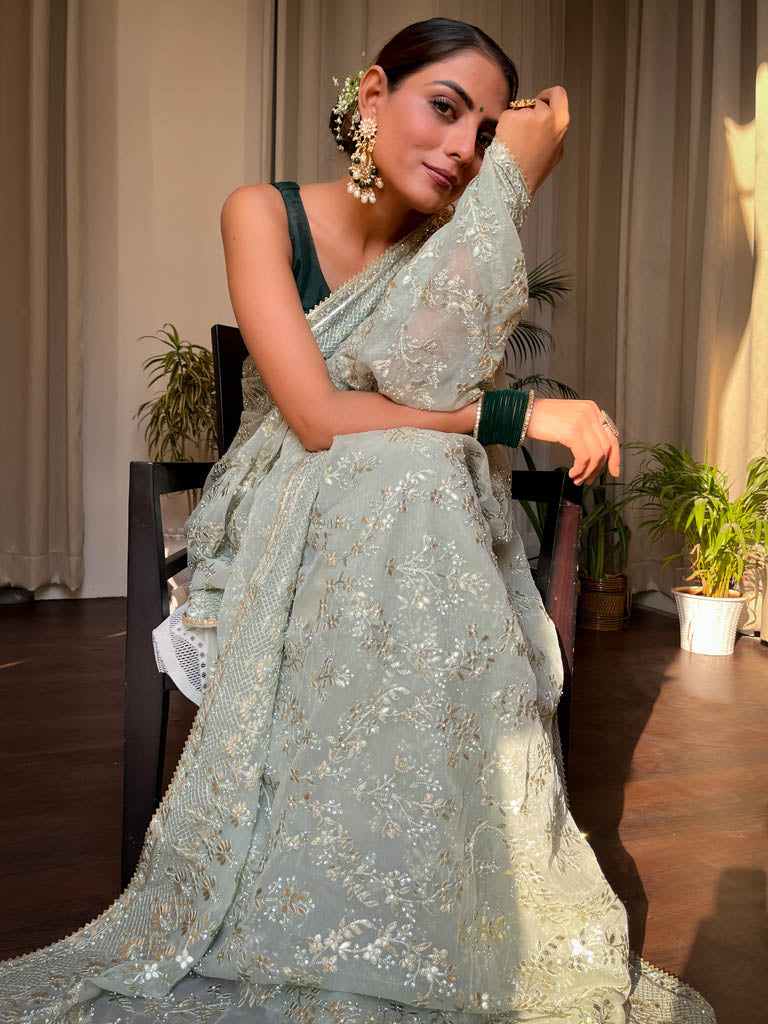 Fern Green Gota Embroidery French Georgette Saree