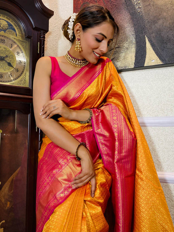 Mustard Gold Kanjeevaram Silk Banarasi Handloom Saree