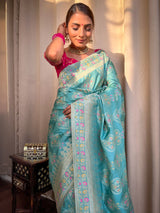 Turquoise Green Meenakari Banarasi Uppada Silk Saree