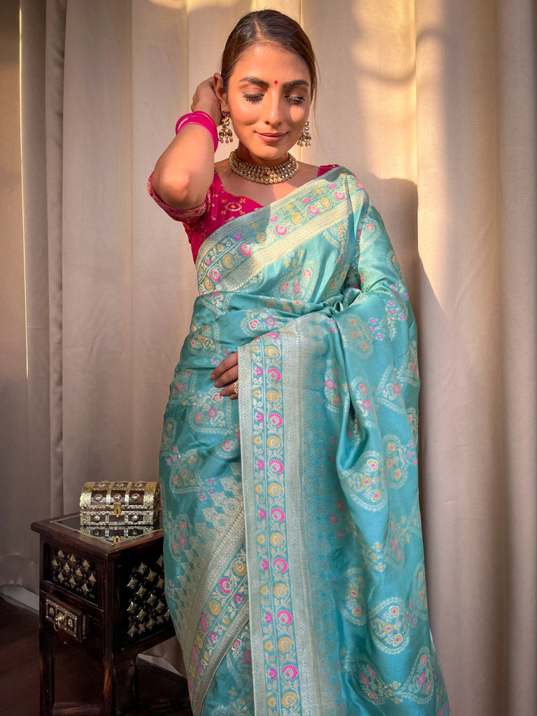 Turquoise Green Meenakari Banarasi Uppada Silk Saree