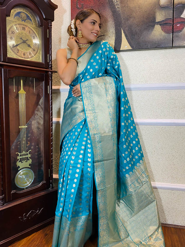 Turquoise Blue Banarasi Silk Handloom Saree