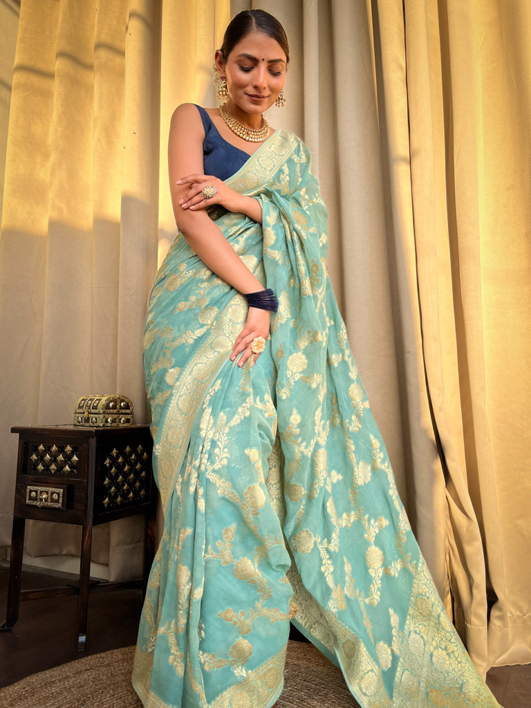 French green Banarasi Khaddi Weaved Georgette Saree