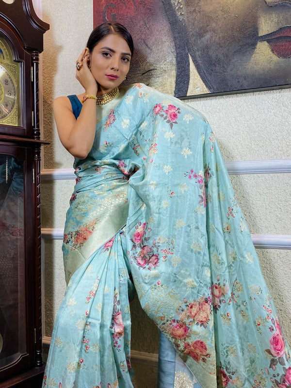 Arctic Blue Designer Banarasi Silk Saree