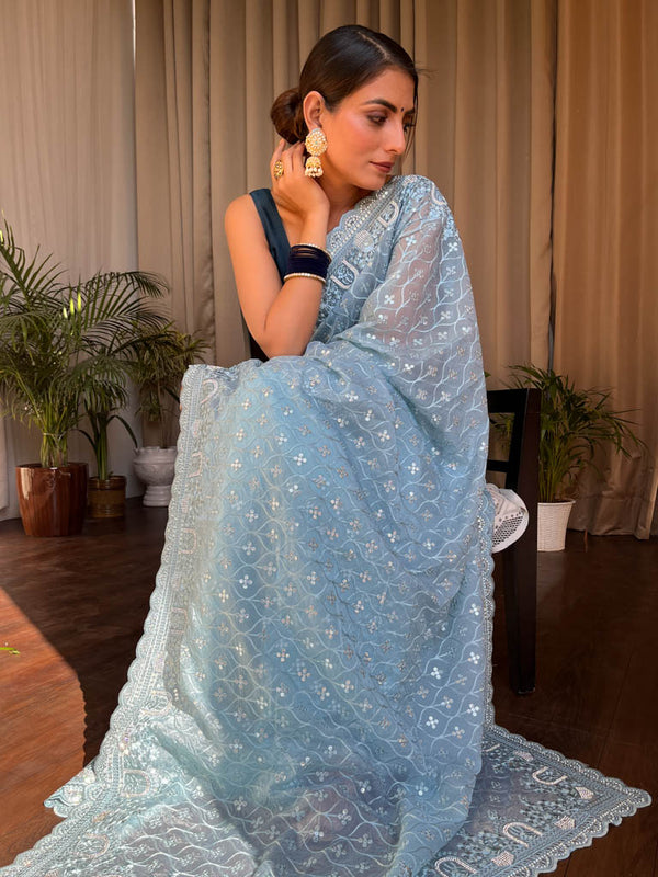 Ocean Blue Organza Silk Saree with Scalloped Border
