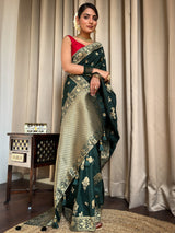 Bottle Green Banarasi Uppada Silk Saree