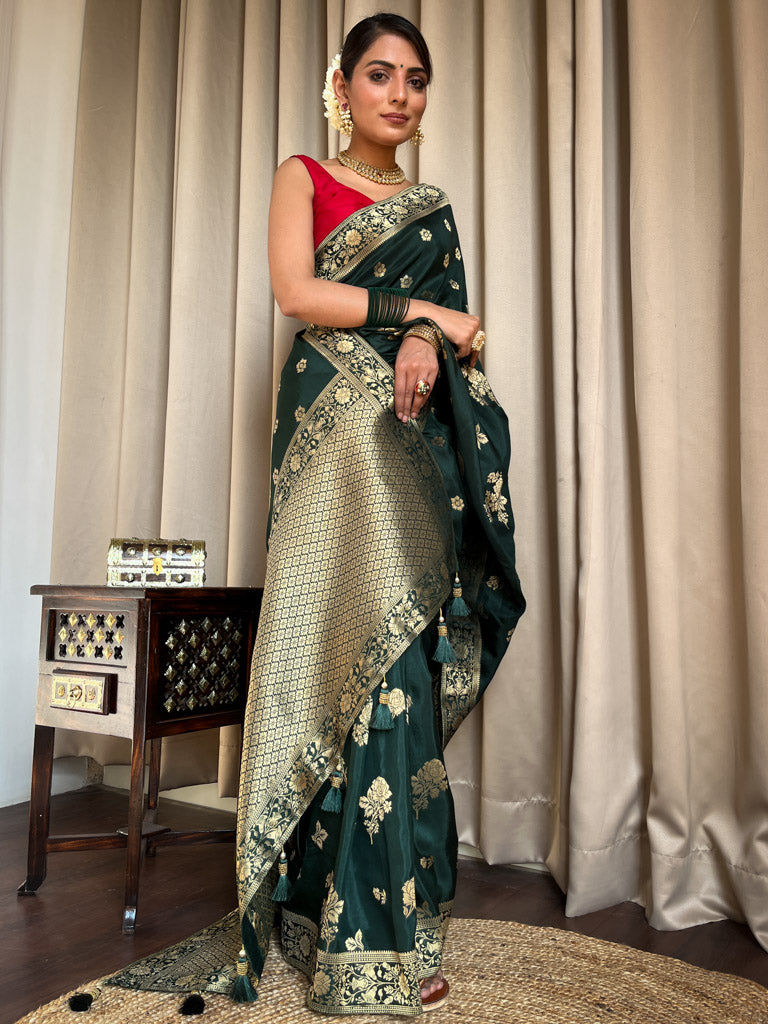 Bottle Green Banarasi Uppada Silk Saree