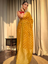 Mustard Yellow Banarasi Khaddi Weaved Georgette Saree