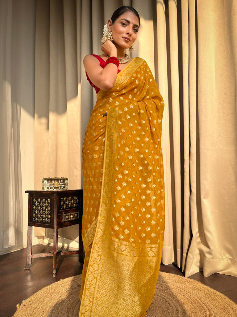 Mustard Yellow Banarasi Khaddi Weaved Georgette Saree