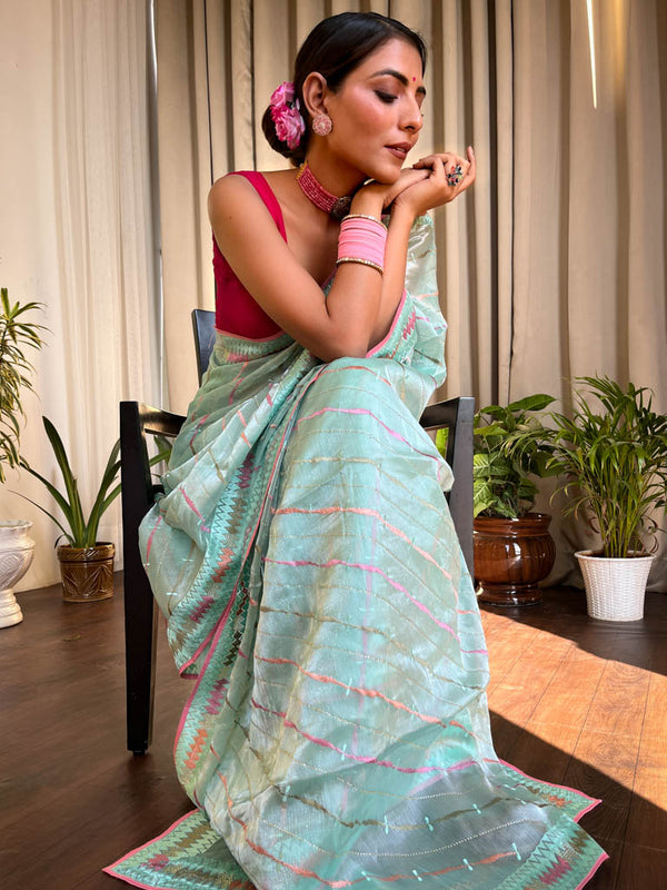 Turquoise Green French Organza Silk Saree