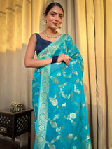 Firozi Blue Banarasi Khaddi Weaved Georgette Saree