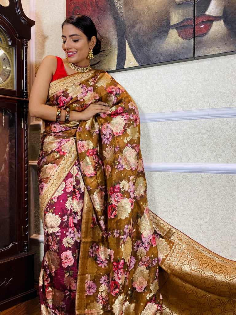 Caramel Brown Designer Banarasi Silk Saree