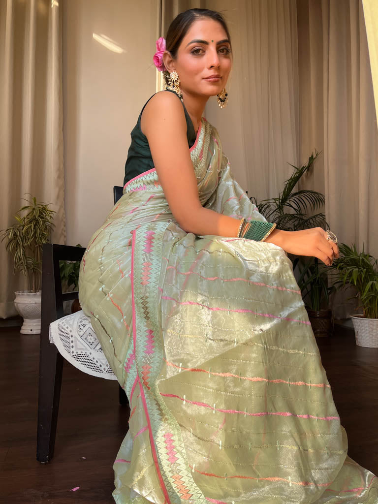 Lime Green French Organza Silk Saree