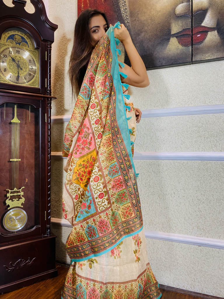 Parchment Tan Linen Silk Saree