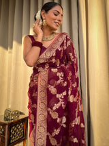 Sangria Wine Banarasi Khaddi Weaved Georgette Saree