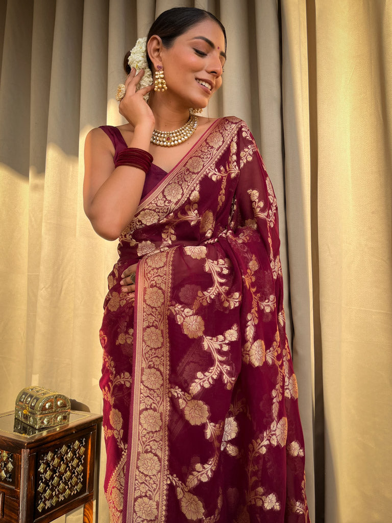 Sangria Wine Banarasi Khaddi Weaved Georgette Saree