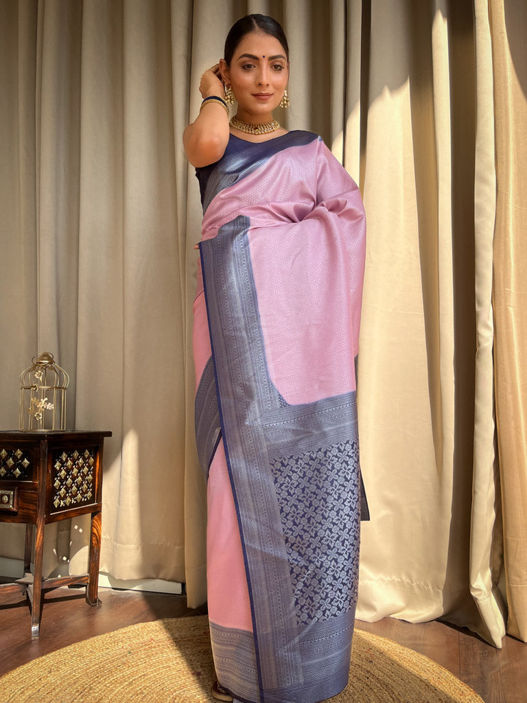 Pastel Pink Antique Silver Kanjeevaram Silk Saree