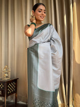 Metallic Grey Antique Silver Kanjeevaram Silk Saree